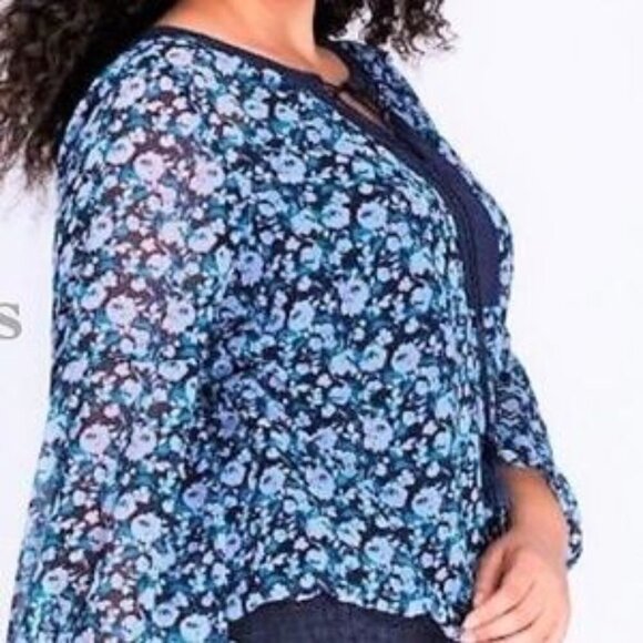 Lane Bryant Ditsy Artist Peasant Tunic Sheer Blouse with Bell Sleeves Size 18/20 - Picture 1 of 12